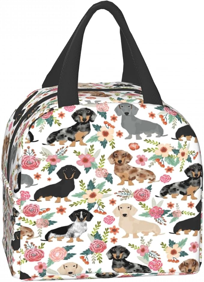 Giwawa Dachshund Floral Lunch Bag- Weiner Dog Flowers Insulated Reusable Lunch Box- Kids Thermal Cooler Lunch Tote Handbag for Women Girls Men Boys Travel
