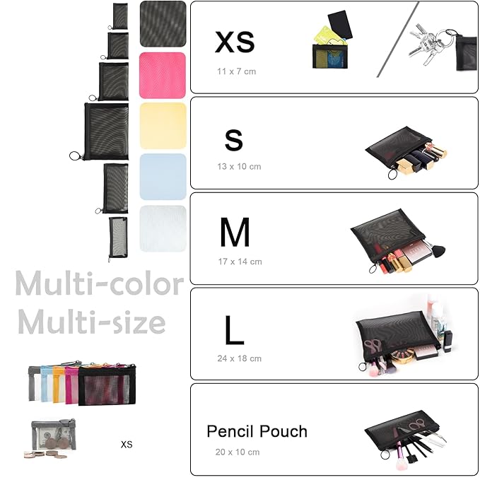 Patu Mini Zipper Mesh Bags, 3" x 4", Size XS / A8, 5 Pieces, Keychain Pouch Key Holder, Coin Purse, Clear Travel Kit Small Item Cosmetic Organizer, Assorted Colors