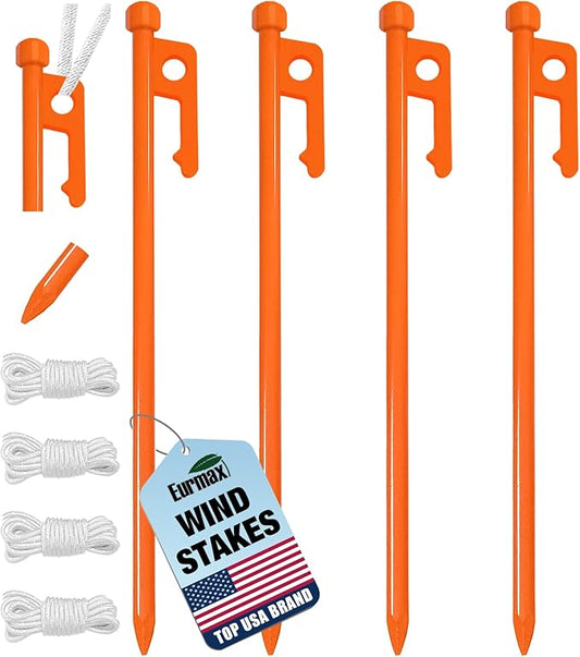 Eurmax USA 10 inch Multiuse Heavy Duty Steel Tent Stakes Tarp Pegs Camping Stakes for Outdoor Camping Canopy and tarp with 4 Ropes 10FT Length
