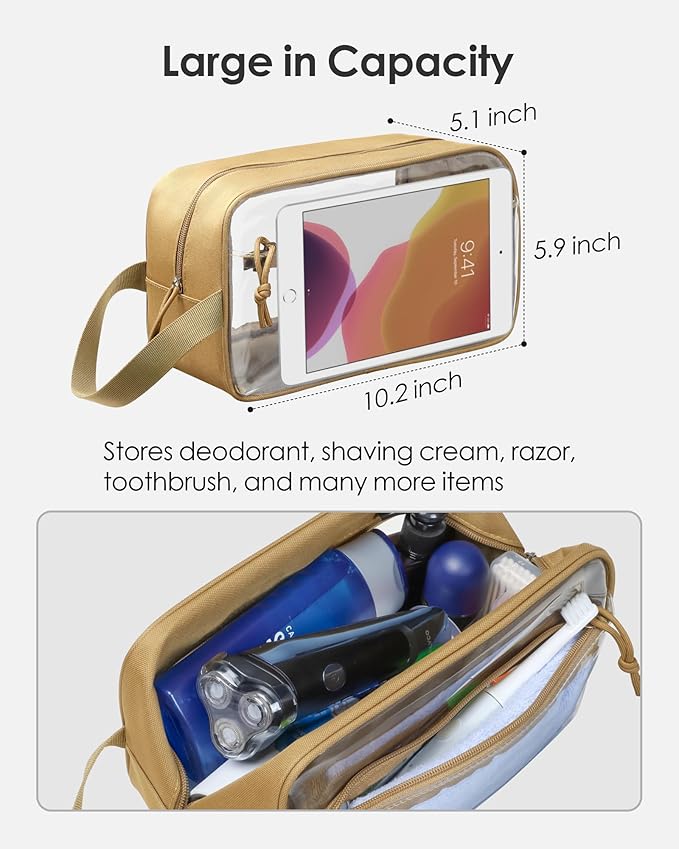 TACTICISM Clear Toiletry Bag for Men - Large Capacity Travel Bag with Handle, See Through Bag with 2 Pockets, Brown