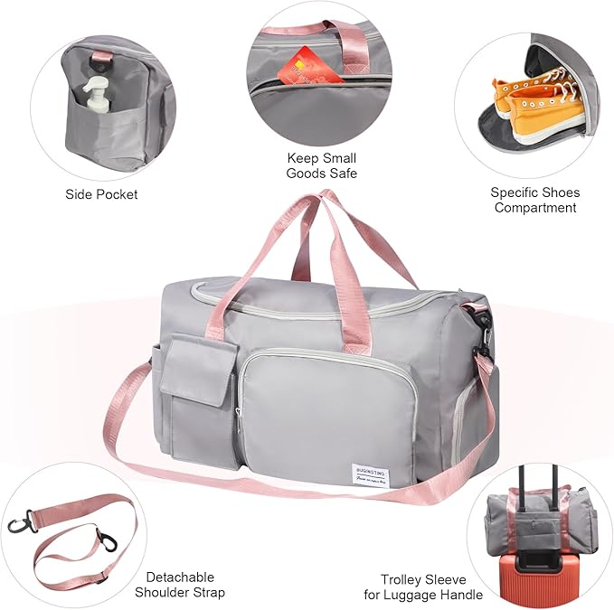 Duffel Bag for Gym Sports Workout Travel, Lightweight Waterproof Tote Bag with Shoes Compartment Wet Pocket for Women Grey with Pink Handles