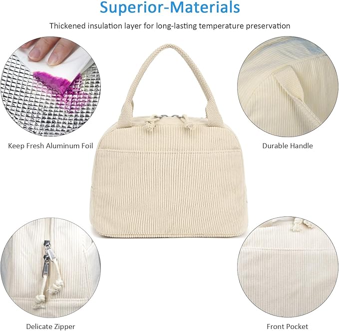 Corduroy Lunch Tote Bag, Pure Beige, Insulated Thermal Cooler, Portable and Large Capacity for Office, School, or Picnic, 8.5L