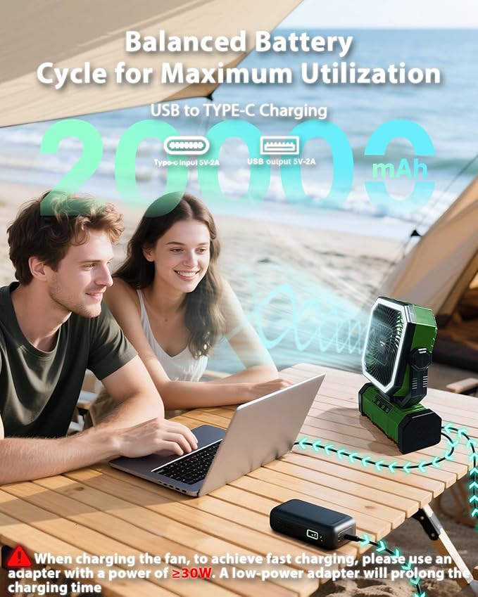 20000mAh Portable Camping Fan, Rechargeable Battery Operated Oscillating Tent Fan W/Bluetooth Speaker, Remote Control, 4 Speeds, LED lights & 360° Rotation Hook for Outdoor RV Travel, Green