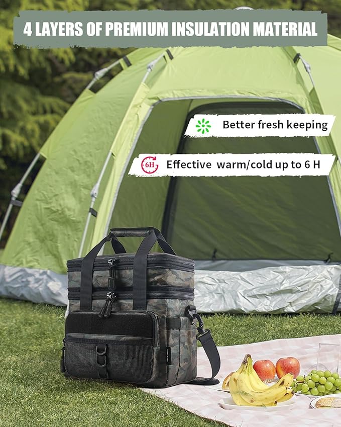 JOYHILL 18 L Tactical Lunch Box - Insulated, Leakproof, and Expandable Double-Deck Cooler Bag for Work, Camping, Picnic - Durable Black Lunch Bag for Adults, 24 Can