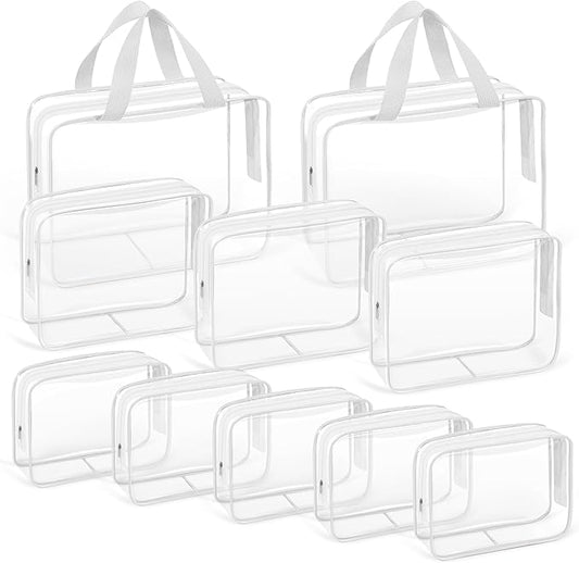 TISRATOK 10 PCS Clear Travel Makeup Toiletry Bag, Plastic PVC Cosmetic TSA Approved Organizer Kit with Zipper Handbag（White）
