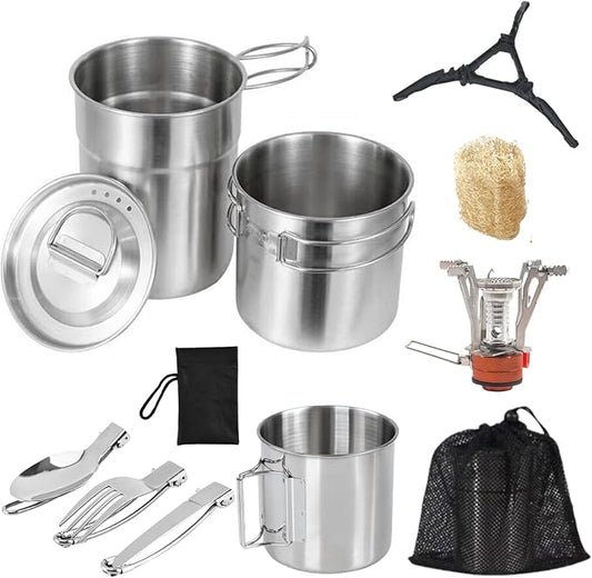 BeGrit Camping Cups Mugs Camping Pot Food Grade 304 Stainless Steel Outdoor Camp Cooking Cookware Set for Hiking Backpacking Hunting