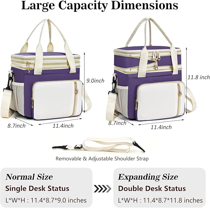 Lunch Box & Lunch Bag for Women, Large Insulated Adult Lunch Box Leakproof Lunchbox Cooler Bag for Work Picnic Beach,16L, Purple & White