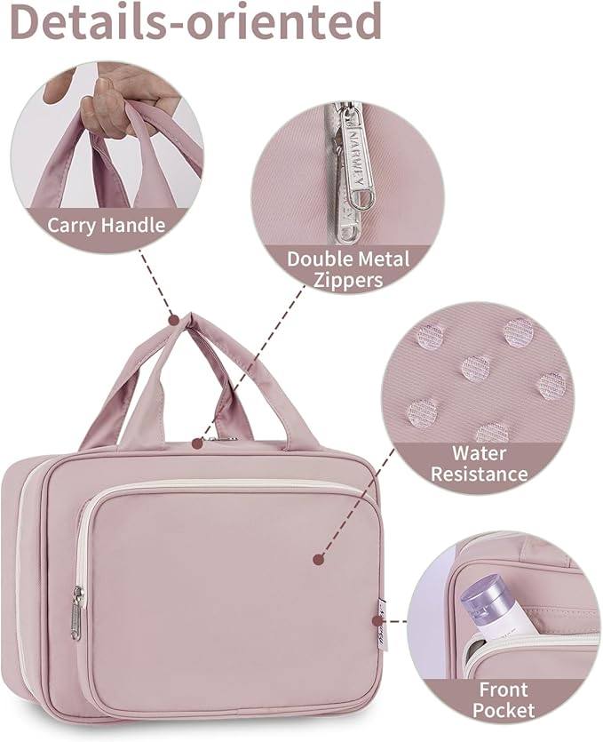 Narwey Hanging Toiletry Bag for Women Travel Makeup Bag Organizer Toiletries Bag for Travel Size Essentials Accessories Cosmetics (Dusty Rose (Medium))