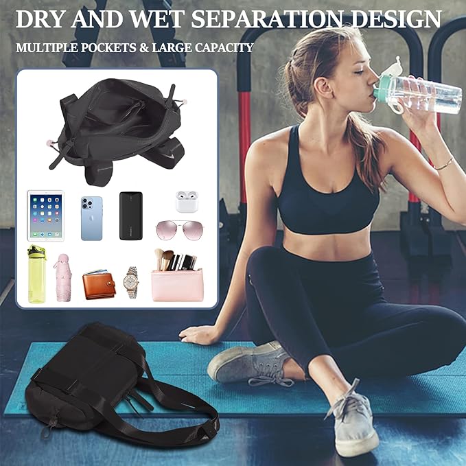 Mini Gym Bag for Women & Girls with Wet Compartment Small Gym Tote Bag Waterproof Travel Duffle Bag Cute Workout Sports Bag, Black