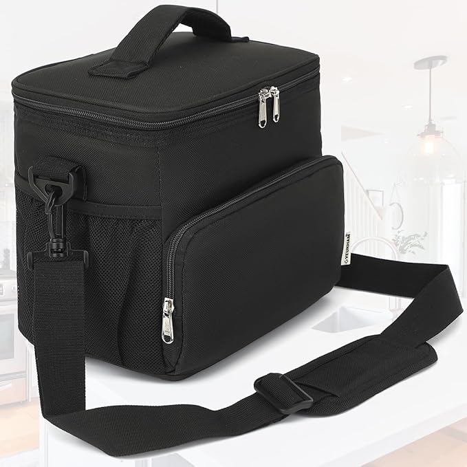 Unisex Insulated Lunch Bag, Black, 10.2 x 7.5 x 9 inches, Durable Oxford Fabric, PEVA Lining, 3+ Years