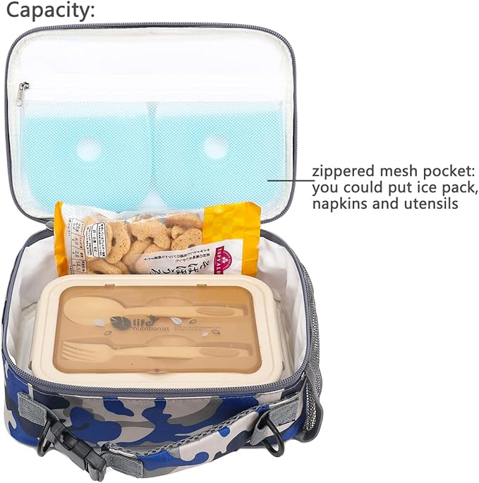 FlowFly Kids Lunch Bag, Durable Insulated School Lunch Box with Shoulder Strap and Bottle Holder, Water-resistant Thermal Small Lunch Cooler Tote for Teen Boys & Girls,Blue Camo