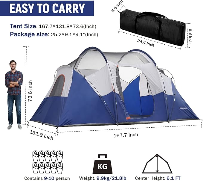 HIKERGARDEN 10 Person Camping Tent - Portable Easy Set Up Family Tent for Camp, Windproof Fabric Dome Tent Outdoor for Hiking, Backpacking, Traveling-14'x11'x74in(H)