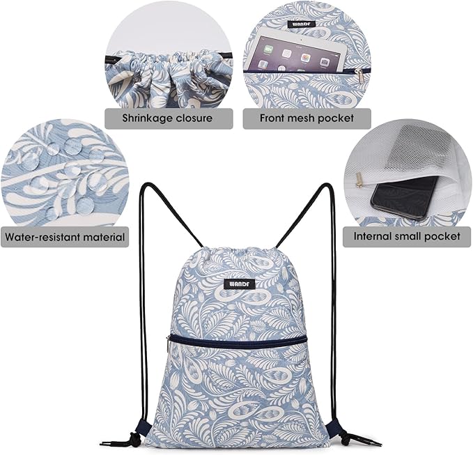 WANDF Drawstring Backpack String Bag Sackpack Cinch Water Resistant Nylon for Gym Shopping Sport Yoga (Light Blue Leaf with zipper)
