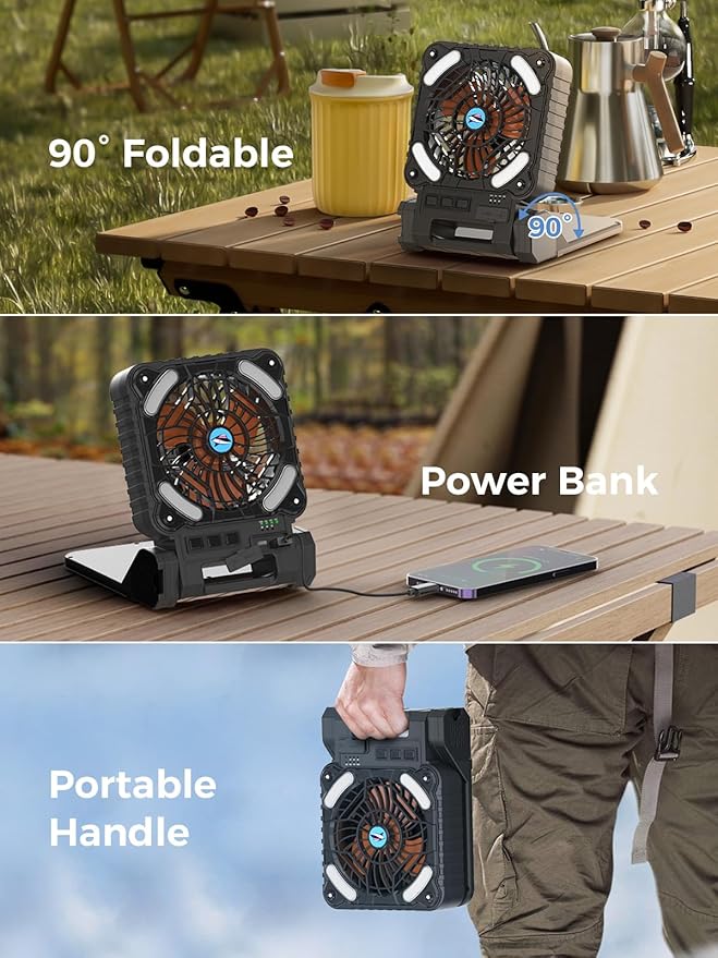 Smiling Shark Camping Fan with LED Lantern, 6000 mAh Rechargeable Solar Camp Fan with 4 Speeds Powerful Wind & 3 Timer 90° Foldable Cordless Portable Tent Fan for Camping Fishing Hiking
