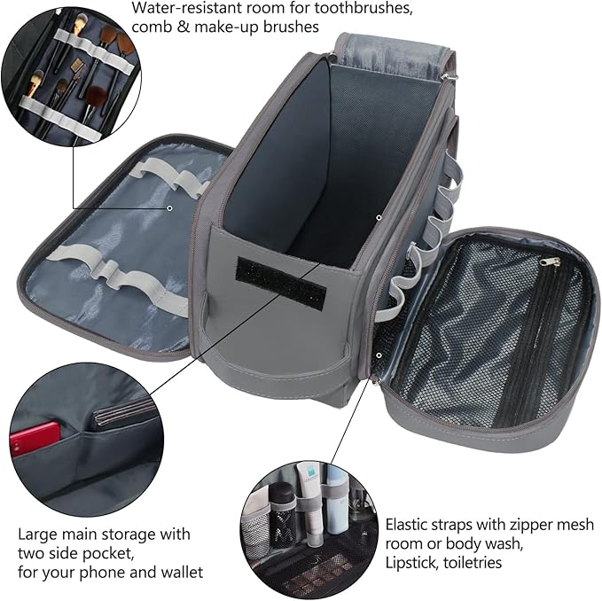 Buruis Extra Large Toiletry Bag for Men, Travel Toiletry Organizer Dopp Kit Water-resistant Shaving Bags, PU Leather Cosmetic Bathroom Shower Bag for Toiletries, Grooming, Accessories (Grey)
