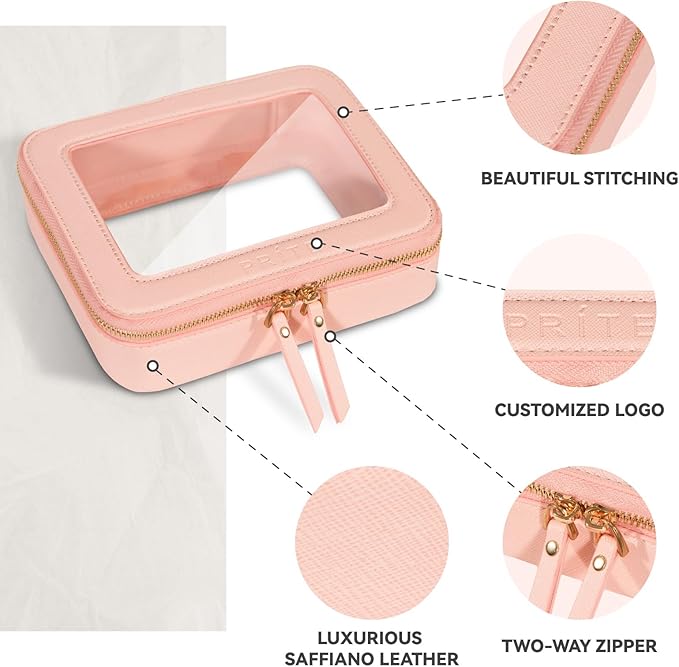 Prite Clear Makeup Bag Cosmetic Organizer Case Waterproof Travel Toiletry Bag Skincare Pouch with Golden Zipper(Pink)
