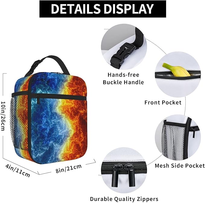 SARA NELL Cool Fire and Ice Abstract Fractal Lightning Insulated Lunch Bag Fire and Ice Lunch Cooler Box for Women Men Teens Kids, Reusable Lunch Tote Bag for Work, Picnic, School or Travel
