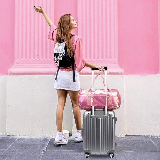 Gym Bag Sports Duffle Bag with Wet Pocket Weekender Overnight Bag with Waterproof Shoe Pouch and Air Hole for Girls Kids Women Travel Foldable Bag