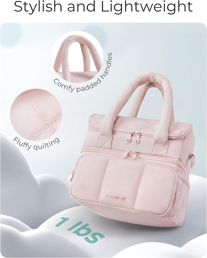 BAGSMART Lunch Bag Women, Double Deck Insulated Lunch Box, Quilted Puffer Lunch Tote, Leakproof, Durable & Reusable Large Lunch Cooler For Work Picnic Travel Meal Prep, Pink