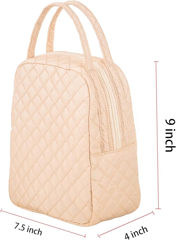 Machine Washable Women Quilted Fabric Insulated Reusable Cooler Lunch Bag Tote Adult Thermal Lunch Box Storage Bag for Ｗork (Beige)