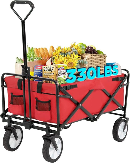 FDW 39''L Collapsible Wagon Cart, Heavy Duty Utility Folding Wagon for Outdoor Sports, 330 LBS Weight Capacity, Camping, Garden, and Shopping, Red