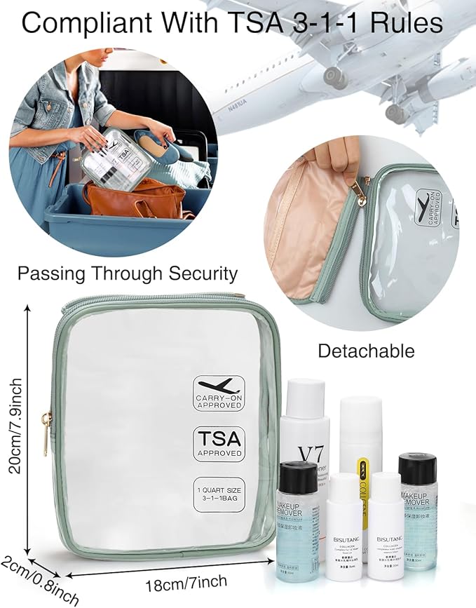 Relavel Travel Toiletry Bag for women with Detachable TSA Approved Toiletry Bag, Compact Hanging toiletry bag with Small Carry On 3-1-1 Clear Waterproof Travel Bags for Toiletries (Green, A Small)