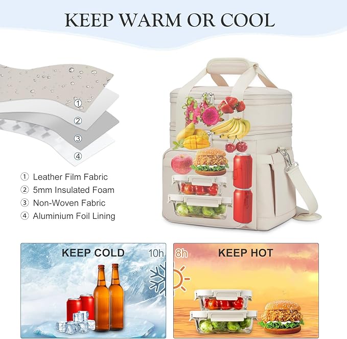 Insulated Lunch Box for Women - Reusable Modern Double Deck Lunch Bag Adults Expandable Heavy Duty Lunch Cooler Tote for Work Office Picnic,Beige