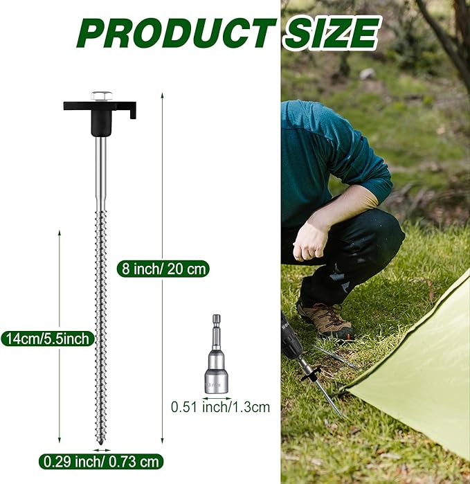 Tandefio 20 Pcs 8 Inch Screw in Tent Stakes Heavy Duty Drill in Ground Anchor Pegs Metal Stakes Screws Hex Pegs Drillable Camping Threaded Tent Spike with Hex Head Driver (Black)