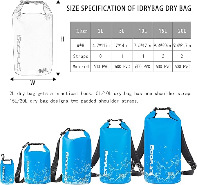 IDRYBAG Dry Bags for Kayaking Waterproof 2L/5L/10L/15L/20L, Small Dry Bag Waterproof Floating, Dry Sack Waterproof Bag for Paddleboarding Travel