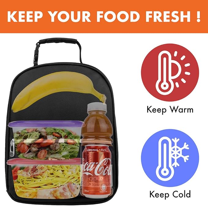 opux Lunch Box for Girls Boys Kids, Insulated Leakproof Lunch Bag, Reusable Teen Lunch Boxes for School, Medium Large lunchbox for Women Men Adult for Work with Front Back Pocket (Black)