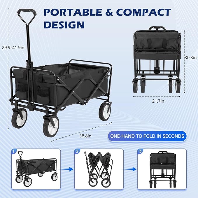 FDW 39''L Collapsible Wagon Cart, Heavy Duty Utility Folding Wagon for Outdoor Sports, 330 LBS Weight Capacity, Camping, Garden, and Shopping, Black