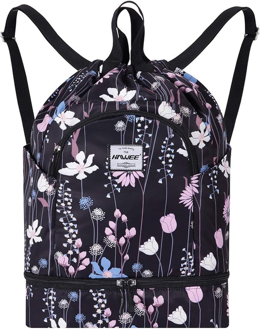 Dry Wet Drawstring Backpack with Shoe Compartment for Women Adjustable Gym Bag