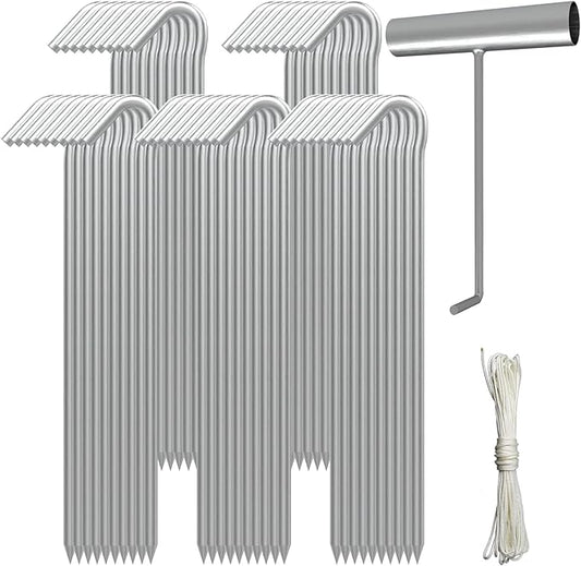 AAGUT Tent Stakes, Tent Stake Metal Garden Edging Fence Hooks Yard Camping Stake Heavy Duty Galvanized 9 Inch (9 Inch Tent Stakes KIT, 50)