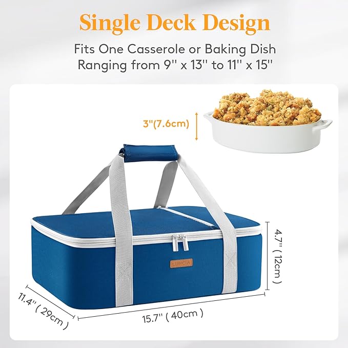 Insulated Casserole Carrier for Hot or Cold Food, Lasagna Lugger Tote for Potluck Parties/Picnic/Cookouts, Fits 9"×13" Baking Dish, Pure Blue