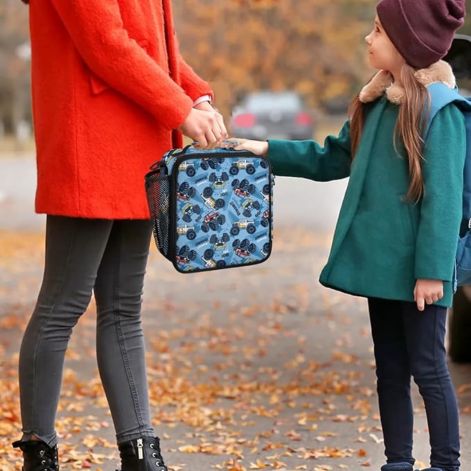 Blue Monster Truck Kid Lunch Bags with Shoulder Strap Insulated Lunch Boxes for Boy Girls Waterproof Thermal Cooler Tote Bag Portable Picnic Bag for School Work Outdoor Gifts