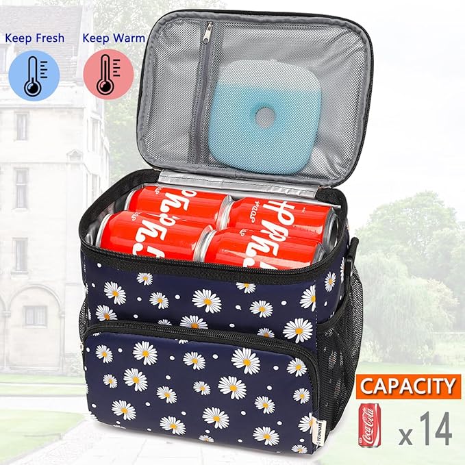 Insulated Lunch Bag for Adult/Women/Men, Reusable Large Lunch Box Cooler Soft Leakproof Tote, Thermal Meal Prep Lunch Pail with Adjustable Shoulder Strap for School/Travel/Office, Daisy