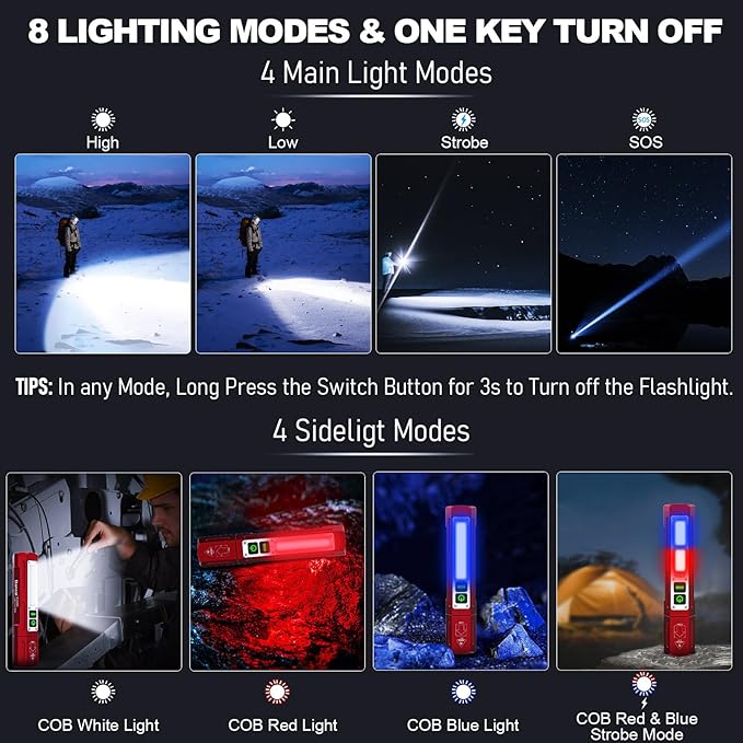 Rechargeable Flashlights High Lumens - 20,000LM Super Bright Small Pocket Magnetic Flashlight, 8 Modes LED Tactical Flash Light, Dual Button Powerful Flashlight for Camping (2, Red)