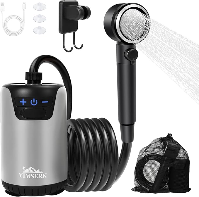 8000mAh Portable Camping Shower, 10-Speed Camp Shower Pump, LED Display, 4 Spray Modes, IPX8 Waterproof Outdoor Shower Kit for Hiking, Travel, Pet, Car Wash