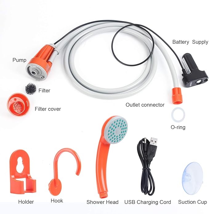 Portable Camping Shower, Outdoor Shower Head, Shower Pump, Detachable USB Rechargeable Batteries, Pumps Water from Bucket, for Camping, Hiking, Pet Cleaning, Pet Shower, Car Washing