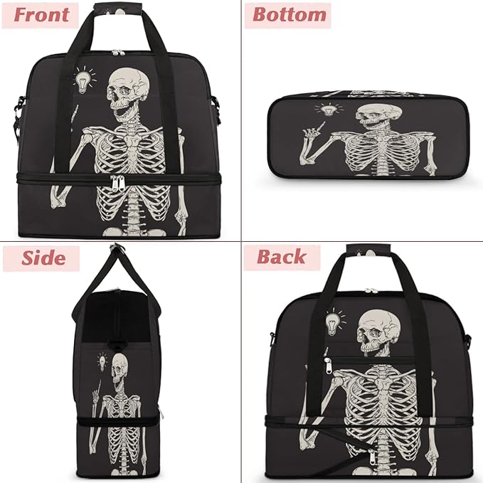 Black Skull Human Skeleton Foldable Travel Duffel Bag Sports Tote Gym Bag With Shoe Compartment For Woman Man Carry On Luggage Overnight Travel Weekend Yoga Workout Bag Training Handbag