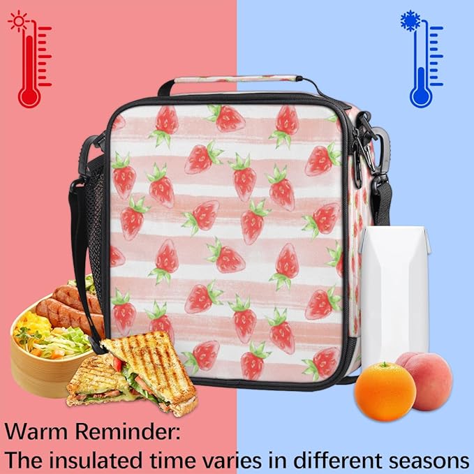 Fruit Strawberry Insulated Lunch Bag Girls,Kids Thermal Meal Cute Pink Stripe Reusable Lunch Box Children Waterproof Back to School Picnic