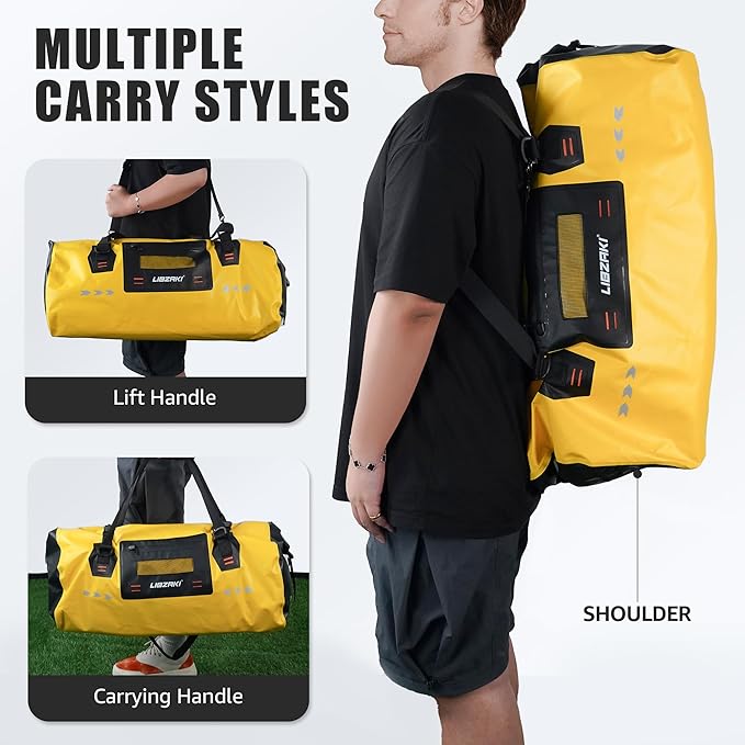 LIBZAKI High-Vis Waterproof Duffel Bag - PVC Rolltop Dry Bag with Locking Straps for Motorcycle Travel, Beach & Emergency Gear 70L Black/Yellow