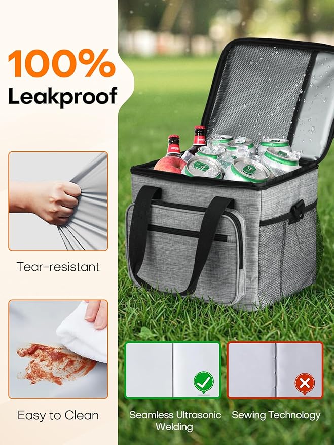 Insulated Lunch Bag, 15L Large Leakproof lunchbag Lunch Boxes for Adult Men Women, Soft Cooler Bags with 6 Pockets and Carabiner Clip for Work Picnic Travel (Gray)