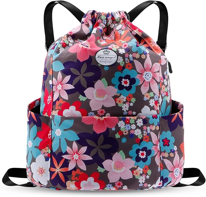 HUA ANGEL Floral Print Drawstring Bag - Lightweight Waterproof Cinch Sackpack with Side Pocket for Men & Women Travel Gym Bag
