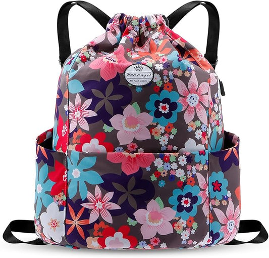 HUA ANGEL Floral Print Drawstring Bag - Lightweight Waterproof Cinch Sackpack with Side Pocket for Men & Women Travel Gym Bag