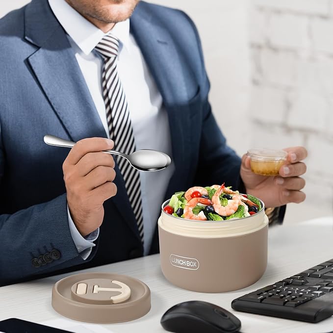 Dandat 2 Pcs Insulated Lunch Containers Thermal Bento Box with Bag Fork Knife Microwavable Stainless Steel Lunch Box 15.2 oz 21 oz Separate Stackable Thermal Food Jar for Adult Men Women(Khaki)