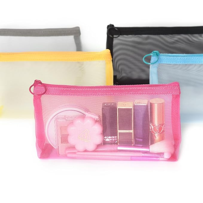 Patu Zipper Mesh Bags, Widened Long Case, 5 Pieces, Beauty Makeup Cosmetic Accessories Organizer, Travel Toiletry Kit Set Storage Pouch, Assorted Colors
