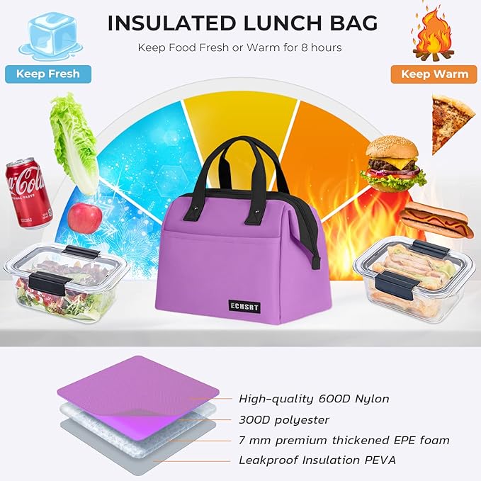 ECHSRT Large Insulated Lunch Bag for Women Men Leakproof Cooler Lunch Tote Bags for Work Travel Adult Thermal Lunchbox for Office -10L Purple