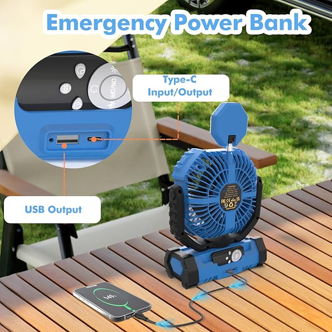 Portable Camping Fan with Led Lantern, 20000mah Rechargeable Battery Outdoor Fan,4 Speed with Remote, Auto Oscillation, 360° Rotation Hook, for Camping, Power Outage,Hurricane, Home (Blue)