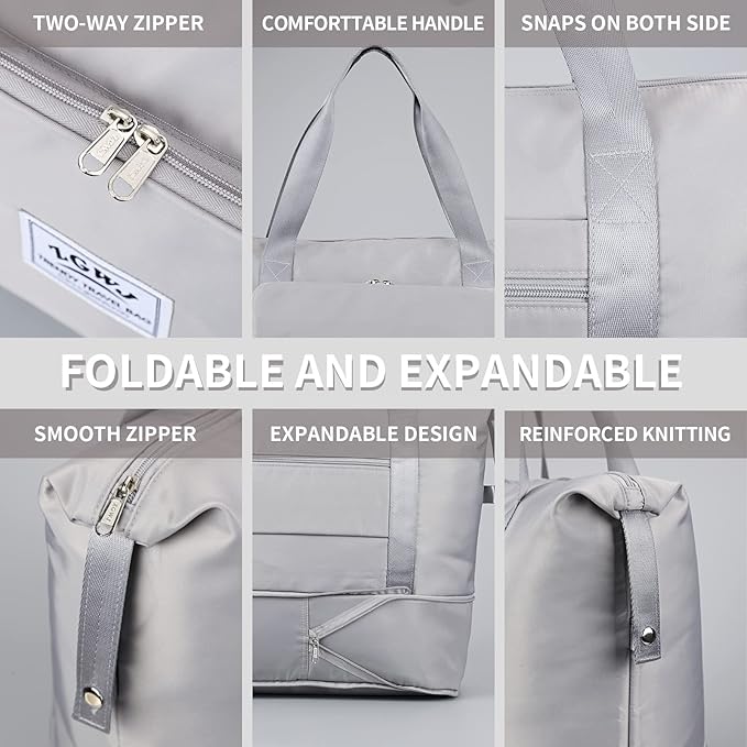 Expandable Travel Duffel Tote Bag - Foldable Overnight Weekender, Carry-On, Swim & Gym Bag - Fits Spirit Airlines Personal Item Size - Lightweight, Waterproof & Durable with Trolley Sleeve,Grey